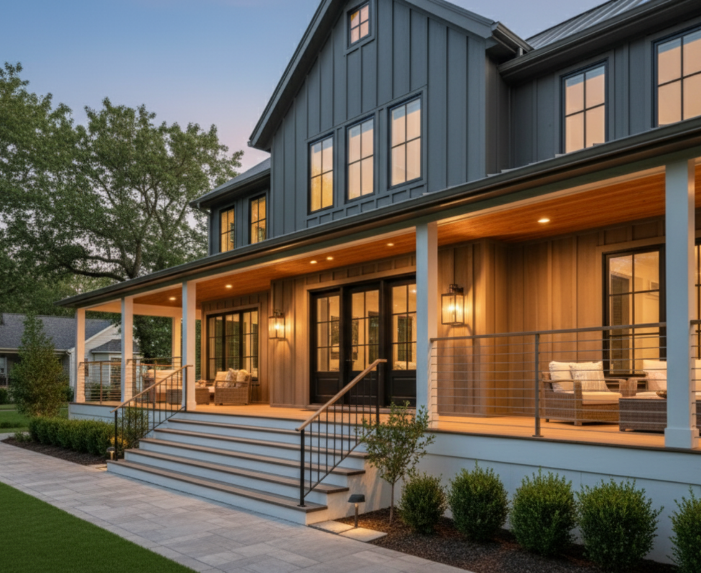 Longhorn Barndominium exterior with dark cladding, white trim and a covered front porch