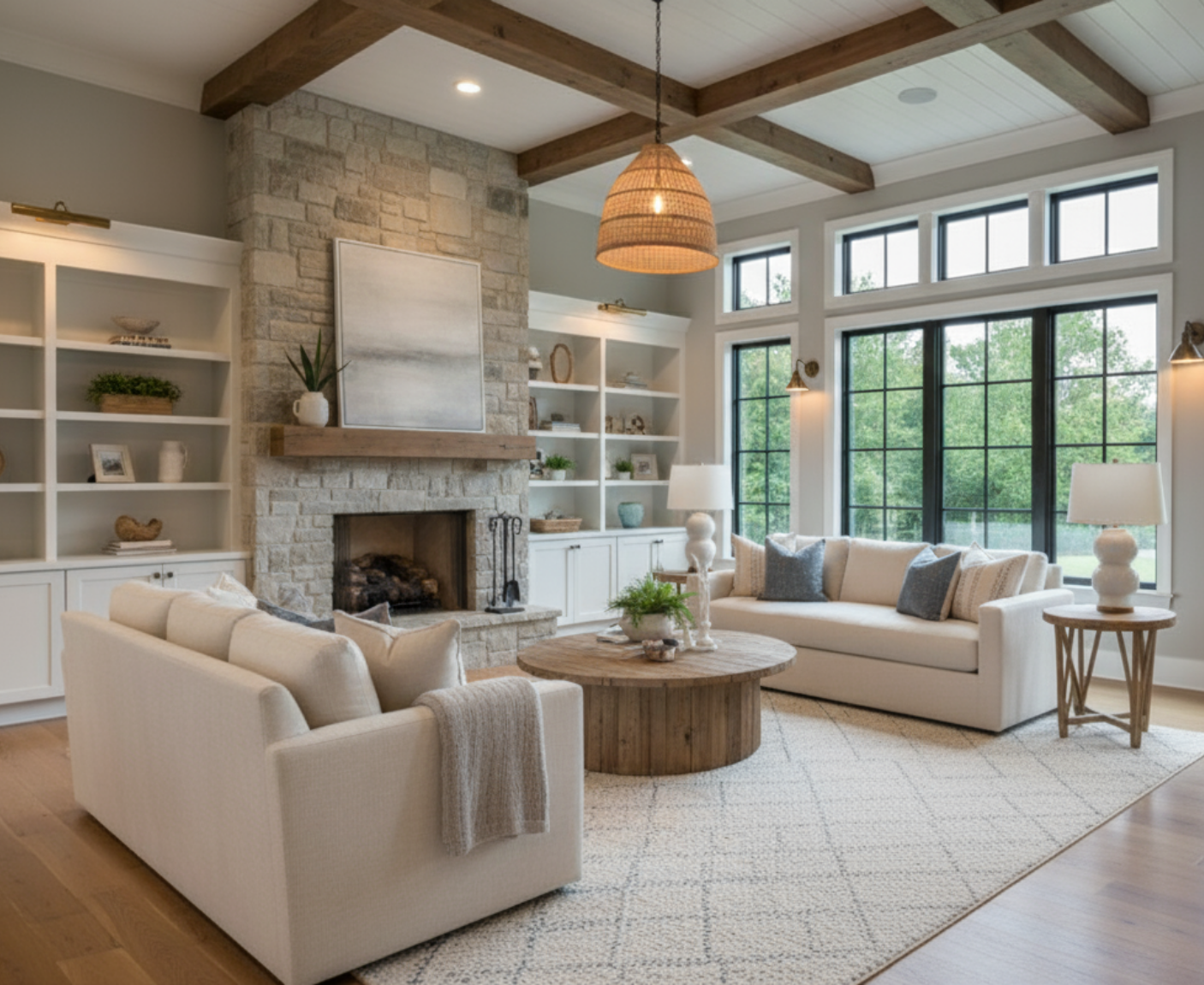 Longhorn Barndominium living room with a stone fireplace and vaulted timber ceiling